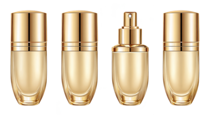 Luxurious golden serum bottles on a dark background, promise of radiant skin three