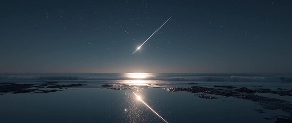 Anamorphic flower meteor streaking across the night sky over a calm ocean. Ideal for themes related to astronomy, nature, nightscapes, tranquility, and cosmic phenomena.