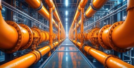Symmetrical industrial corridor with large bright orange pipes and metal walkways under bright overhead lights creating a futuristic atmosphere