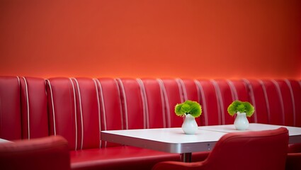 Retro Diner Booth with Vibrant Red Upholstery and Green Floral Accents Creating a Nostalgic Ambiance