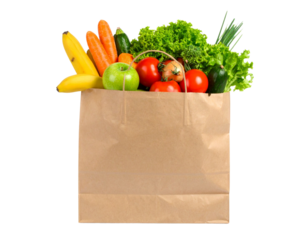 Front View of Grocery Paper Bag Overflowing with Colorful Fruits and Vegetables, Standing Upright, Isolated on White