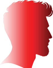 The image shows a red gradient silhouette of a man's head and shoulders in profile, featuring a stylized haircut with textured details.