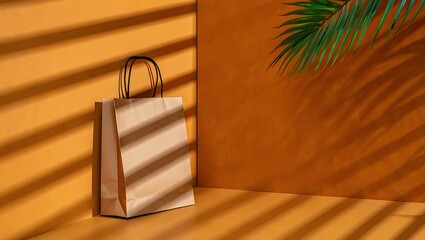 Stylish Product Display with Paper Bag and Tropical Leaf Shadow on Earth Tone Background for Modern Branding Mockup