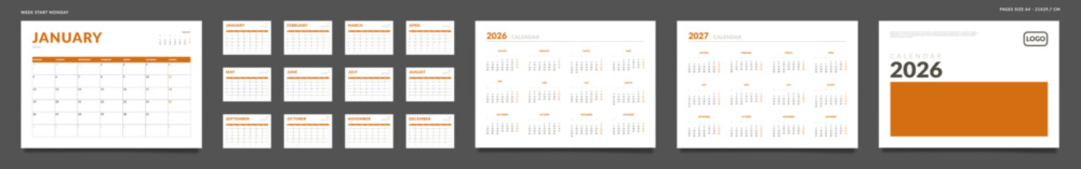 2026 Calendar Planner Set of Template grid Monthly Page, Cover with Place for Photo, Company Logo, Annual 2026, 2027. Vector layout of wall or desk organizer ready print. Week start Monday. Pages A4