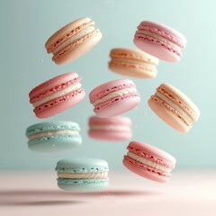 Obraz premium assortment of pastel-colored macarons floating against a soft blue background evoking a light and playful mood