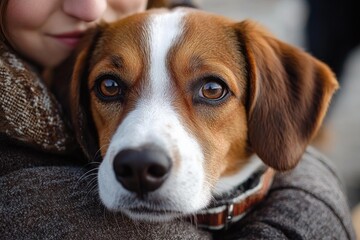 Close-up of a brown and white dog with soulful eyes being gently hugged by a person wearing a brown knitted sweater, conveying warmth and affection