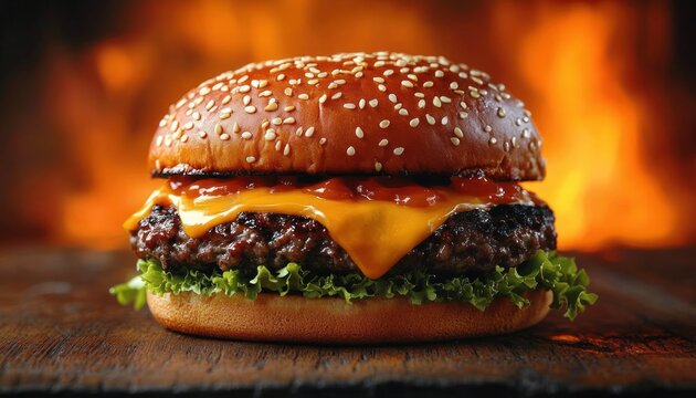 Close-up of a juicy cheeseburger with melted cheddar cheese, fresh lettuce, sesame seed bun, and barbecue sauce against a fiery blurred background evoking warmth and hunger