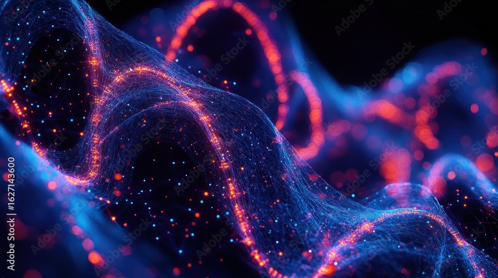 Fototapete abstract digital wave with glowing red and blue particles connected by fine lines creating a dynamic