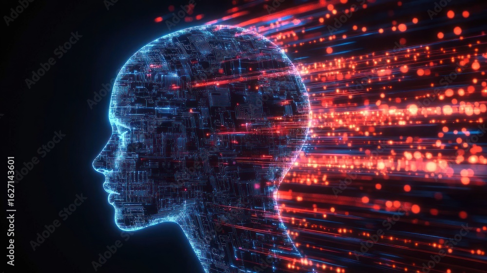 Fototapete side profile of a digital human head composed of circuit patterns with glowing blue and red lights e