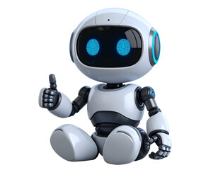 Miniature Round AI Robot Giving Thumbs Up While Sitting Cross-Legged, Side View, Isolated