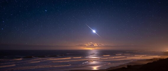 Anamorphic flower meteor streaking across the night sky over a calm ocean. Ideal for themes related to astronomy, nature, nightscapes, tranquility, and cosmic phenomena.