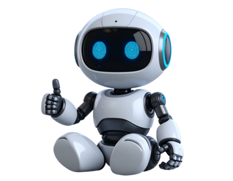 Miniature Round AI Robot Giving Thumbs Up While Sitting Cross-Legged, Side View, Isolated
