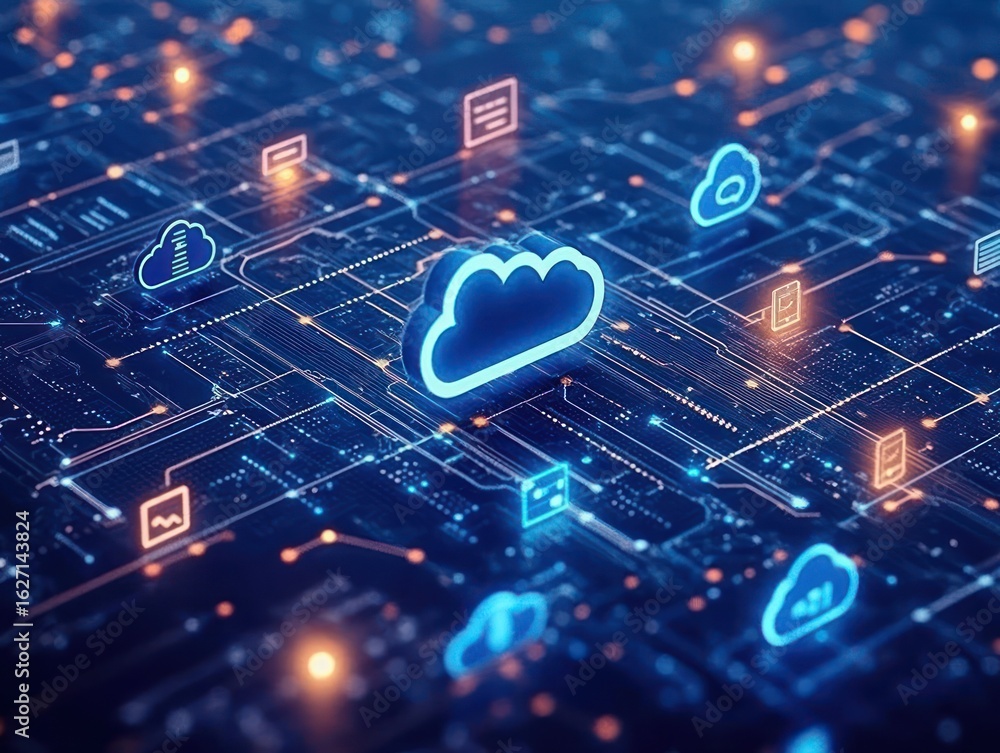 Poster digital representation of cloud computing technology with glowing cloud icons interconnected on a ci