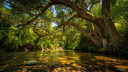 Sunlight Filtering Through Lush Canopy over a Tranquil River with Pebbled Shoreline a Natural Paradise for Relaxation and Meditation