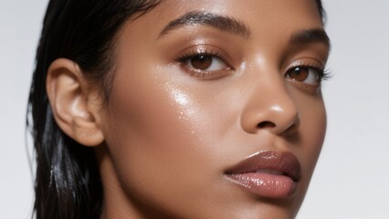 Black woman with shiny skin and glossy lips, extreme close-up