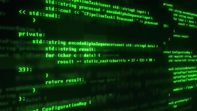 
Abstract computer code running technology digital cyberspace. Programming code moving on black screen background
