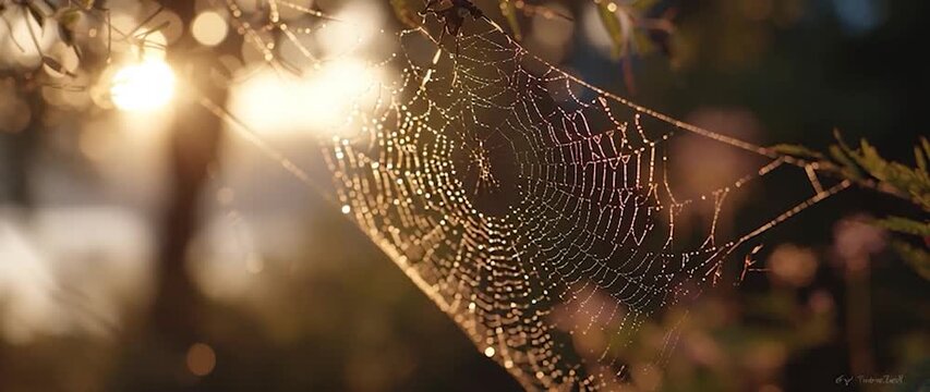 Anamorphic video delicate spiderweb covered in morning dew, glistening in the sunlight. Perfect for themes related to nature, tranquility, beauty. 