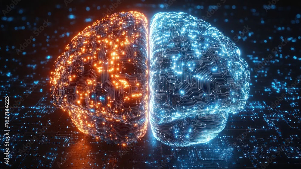 Poster digital representation of a human brain split into two hemispheres with glowing orange and blue circ