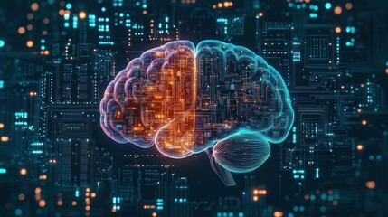 Digital representation of a human brain with illuminated neural circuit patterns in a futuristic technological environment