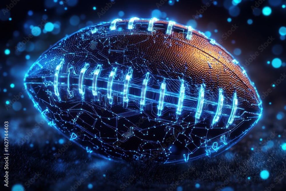 Poster futuristic glowing digital representation of an american football with illuminated blue lines and ci