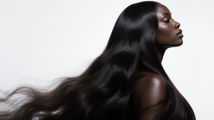 Black woman with long healthy hair in profile on white background © Yka