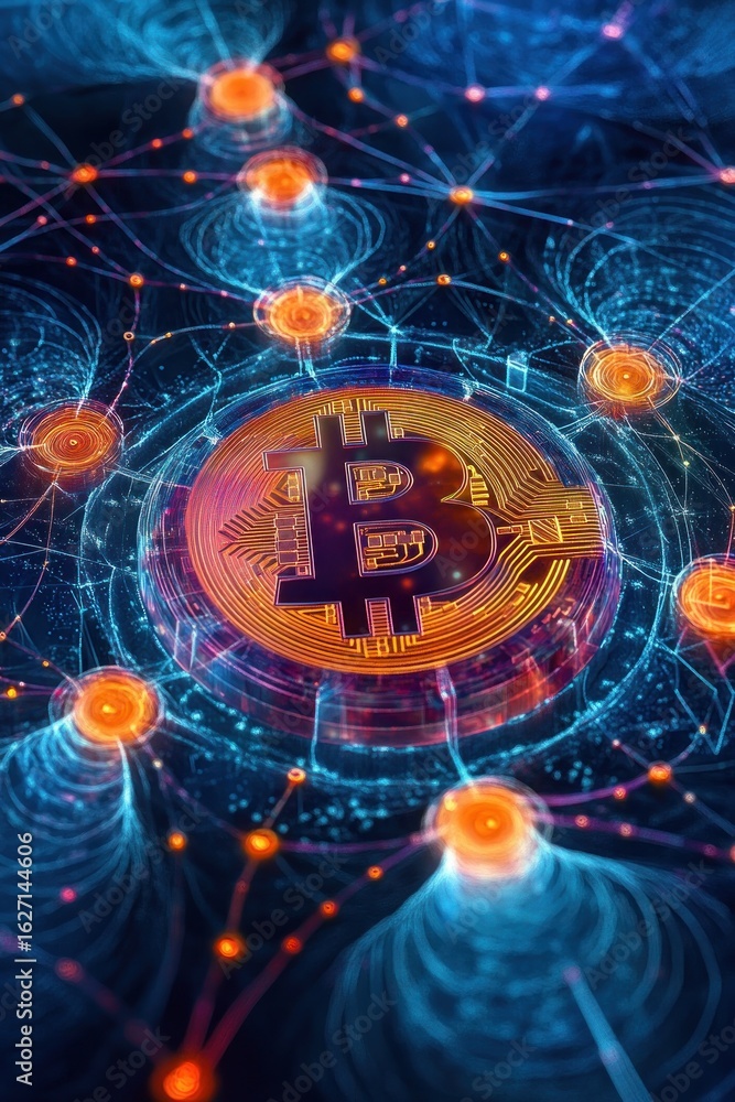 Aufkleber glowing digital representation of a cryptocurrency symbol interconnected by bright nodes and network