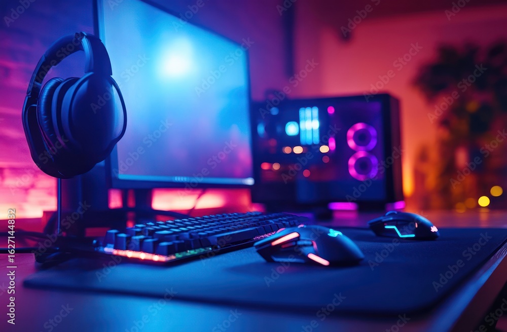 Poster modern gaming computer setup with illuminated mechanical keyboard, two gaming mice, and headset in a