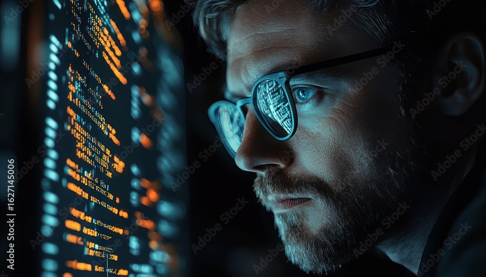 Aufkleber focused man with glasses analyzing complex computer code on a large monitor in a dark room with refl
