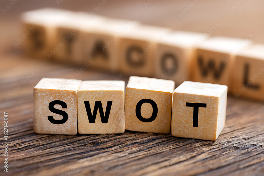 Poster understanding swot analysis through wooden letter blocks on a rustic surface in a study setting