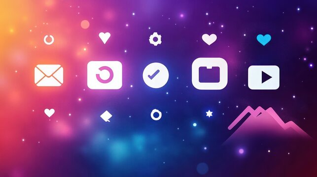 Glowing user interface icons including envelope, refresh, checkmark, folder, play button, hearts, gear, and mountain shapes on a colorful blurred starry background conveying digital connectivity