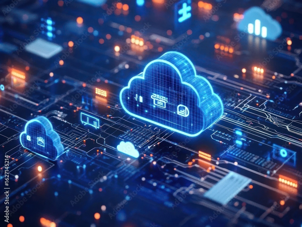 Fototapete glowing blue digital cloud icons floating above a futuristic circuit board representing data storage