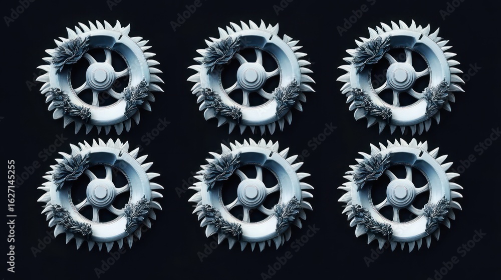 Poster six identical mechanical gears with sharp teeth and detailed mechanical components arranged in two r
