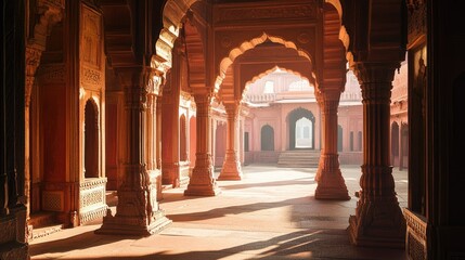 Obraz premium Ancient Indian Palace Architecture: A Sunlit Courtyard
