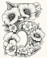 Intricate black and white floral arrangement forming a stylized letter composed of large open flowers and detailed leaves with delicate shading