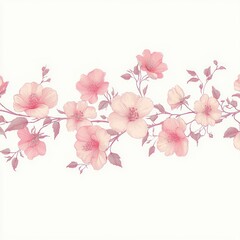 Delicate horizontal arrangement of soft pink and peach flowers with subtle leaves on a light background, evoking calm and gentle beauty