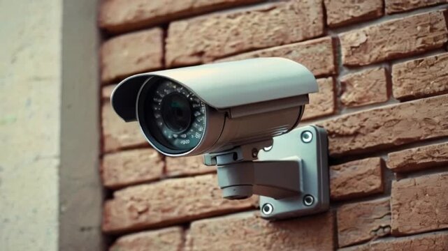 Modern security camera on building wall closeup created with generative ai	
