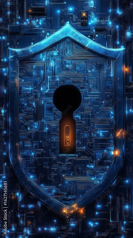 Aufkleber futuristic shield with a keyhole glowing amidst a complex digital circuit board background symbolizi