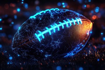 Futuristic football glowing with electric blue lines and digital network patterns resting on a dark textured surface with vibrant light effects