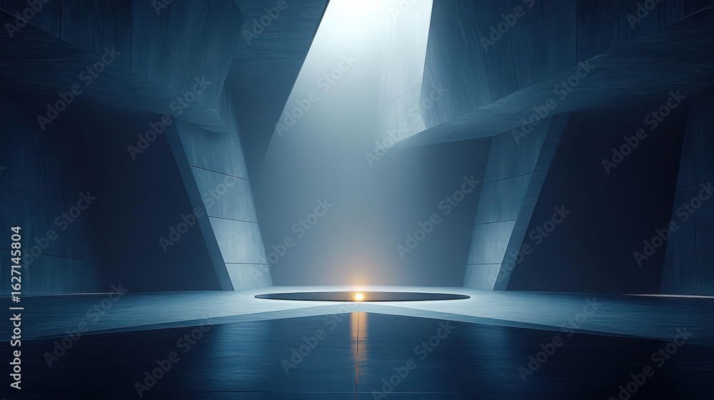 Poster a futuristic large empty concrete interior space with angular walls and a circular platform illumina