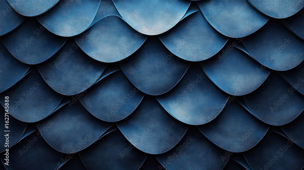 Poster close-up view of layered overlapping blue textured metal scales forming a repeating pattern