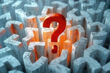Large red question mark illuminated in the center of a chaotic cluster of worn and weathered white question marks symbolizing confusion and uncertainty