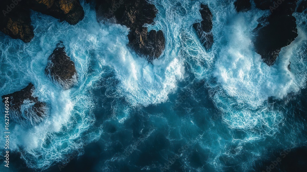 Poster aerial view of powerful ocean waves crashing against dark jagged rocks creating white foam and turbu