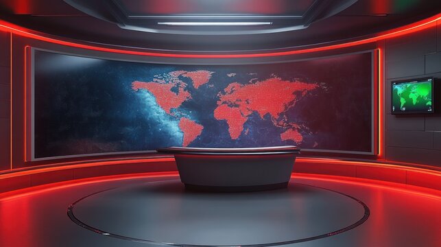 Futuristic control room with large curved digital world map display highlighted in red and a sleek desk under bright red ambient lighting