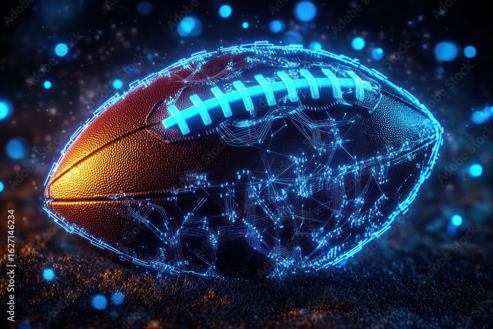 Poster futuristic digital representation of an american football with glowing blue circuit patterns on a te