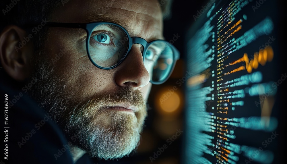 Aufkleber focused man with glasses and beard closely analyzing computer screen filled with colorful code in a 