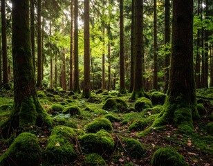 Lush forest floor bathed in sunlight