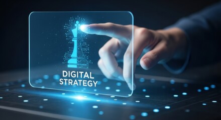 Strategic chess piece on futuristic screen signifies digital business planning and success