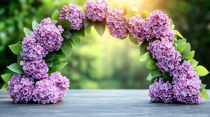 Luminous Arch of Purple Lilac Blossoms Framing a Golden Sunlit Garden