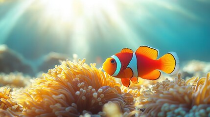Vibrant Clownfish Among Coral, Underwater Sunlight