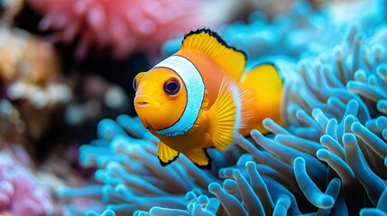 Vivid Orange Clownfish Portrait with Striking White Stripes Amidst Soft Blue Anemones